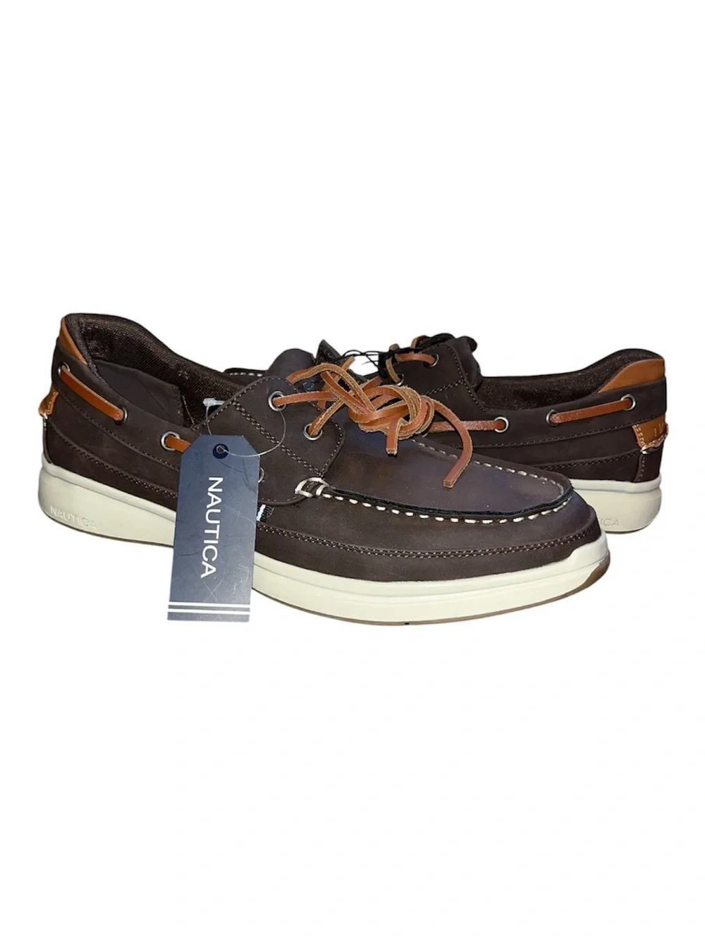 Nautica Men’s Zapatos Coffee Brown Cushion Relief Lace-Up  Boat Shoe Size 9.5